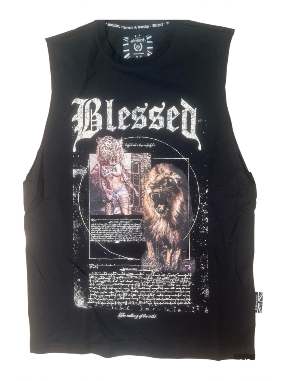 Sz M Blessed Graphic Muscle Tee - Black with White/Brown Print